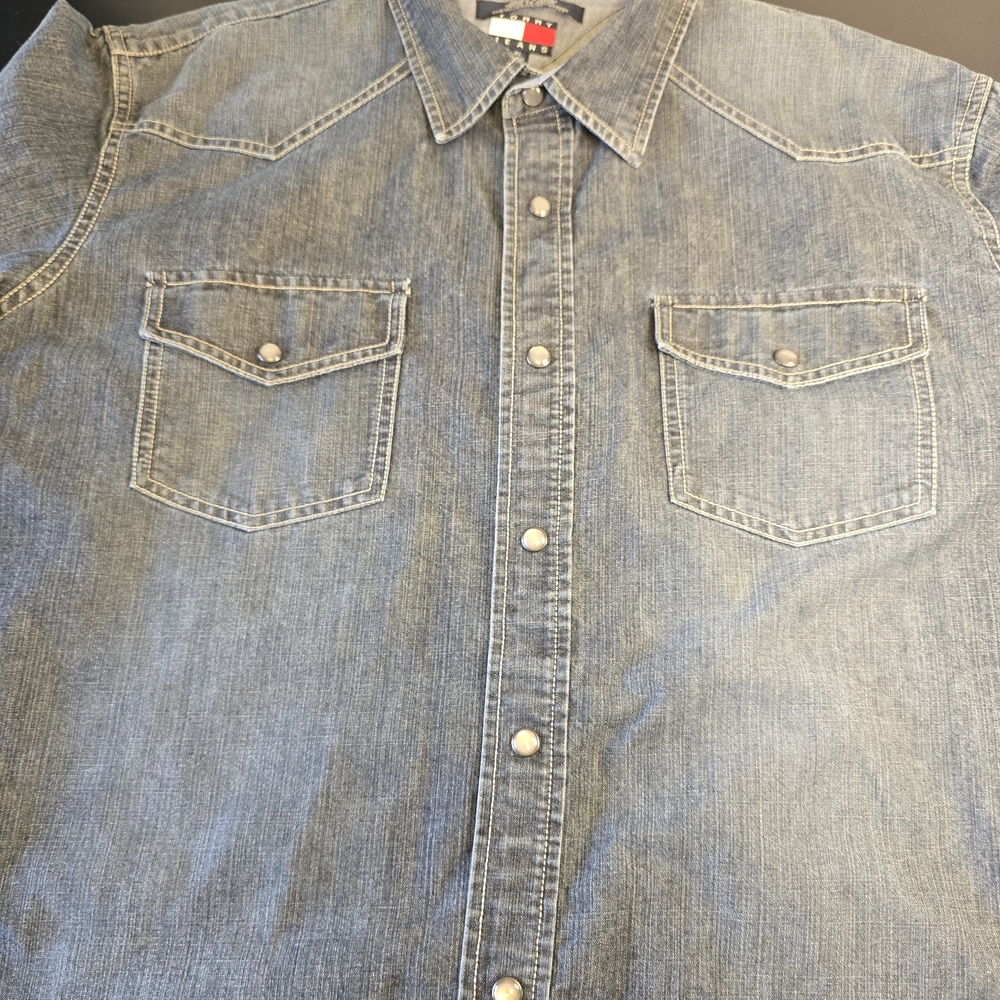 Vintage 90s Tommy Jeans Western Denim Pearl Snap Shirt XL Eagle Graphic